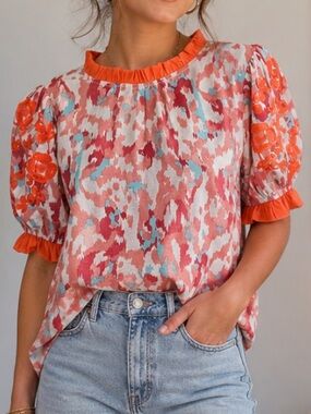 NWT Watercolor VOY Embroidered Abstract Blouse. Women’s Sz-M Embellished | Coral